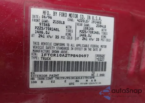 1996 Ford Ranger из США, поврежденный, VIN 1FTCR10A2TPB40497